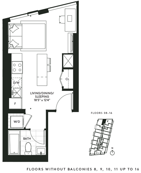 Floor plan for studio, 1 bath, 372 sqft